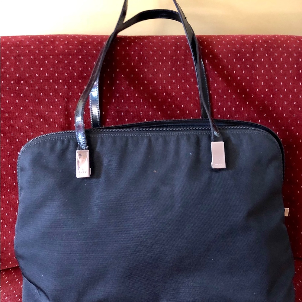 Gucci Black Nylon Tote Satchel with Patent Leather Straps